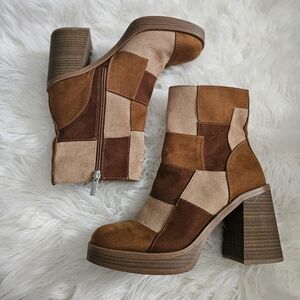 Patchwork Platform Ankle Boots - Brown and Tan